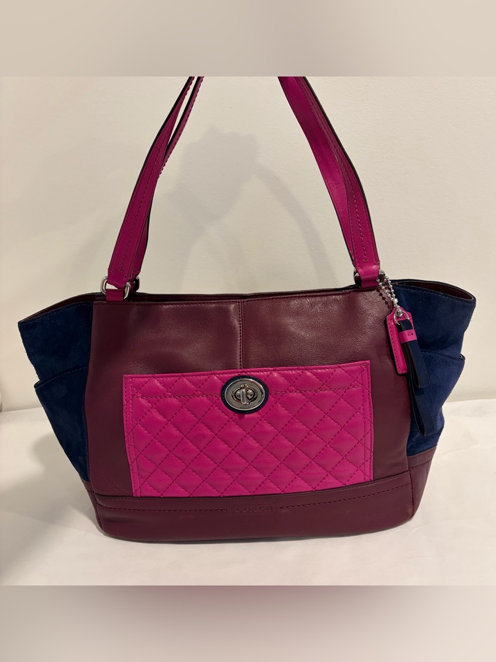 Coach  #F24693 Colorblock Leather Tote Bag in Fuchsia, Burgundy & Navy